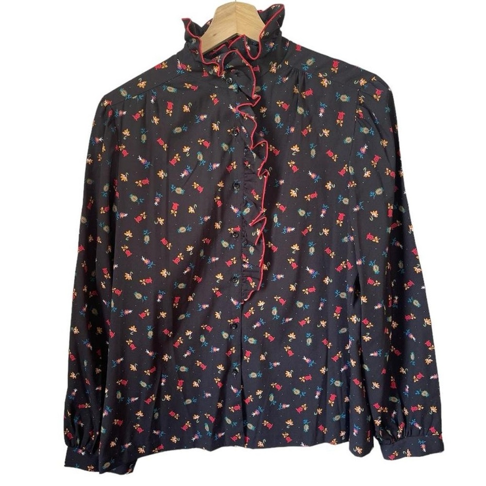 Vintage Rhoda Lee Black Floral Print Ruffle Secretary Blouse